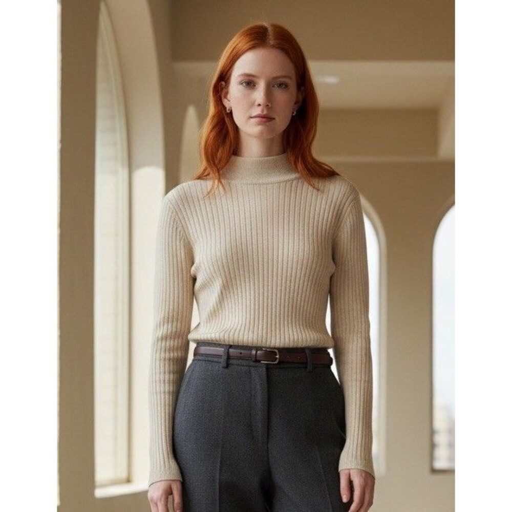 VTG August Silk 100% Silk Ribbed Sweater Women's Size M Beige Quiet Luxury